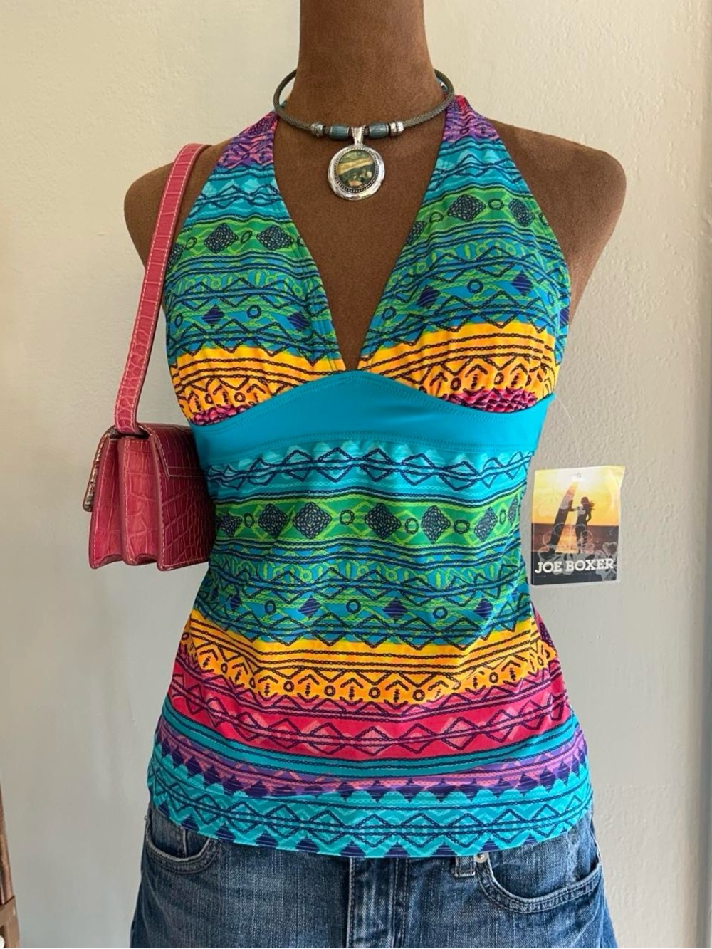 Y2K Blue Multicolor Geometric Print Halter Neck Tankini Top by Joe Boxer